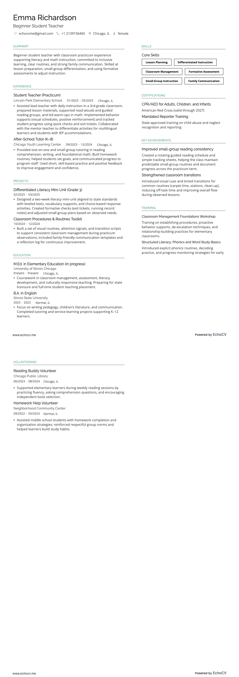 Beginner Student Teacher example resume
