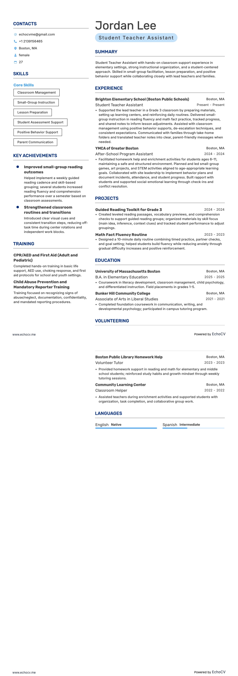 Student Teacher Assissant example resume