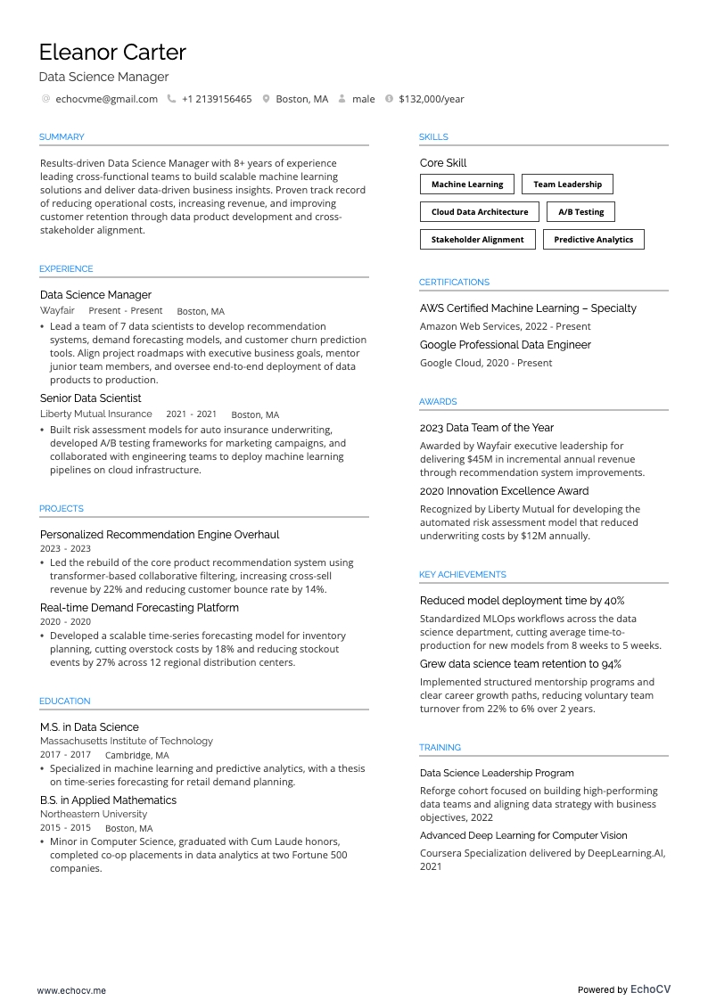 Data Science Manager example resume