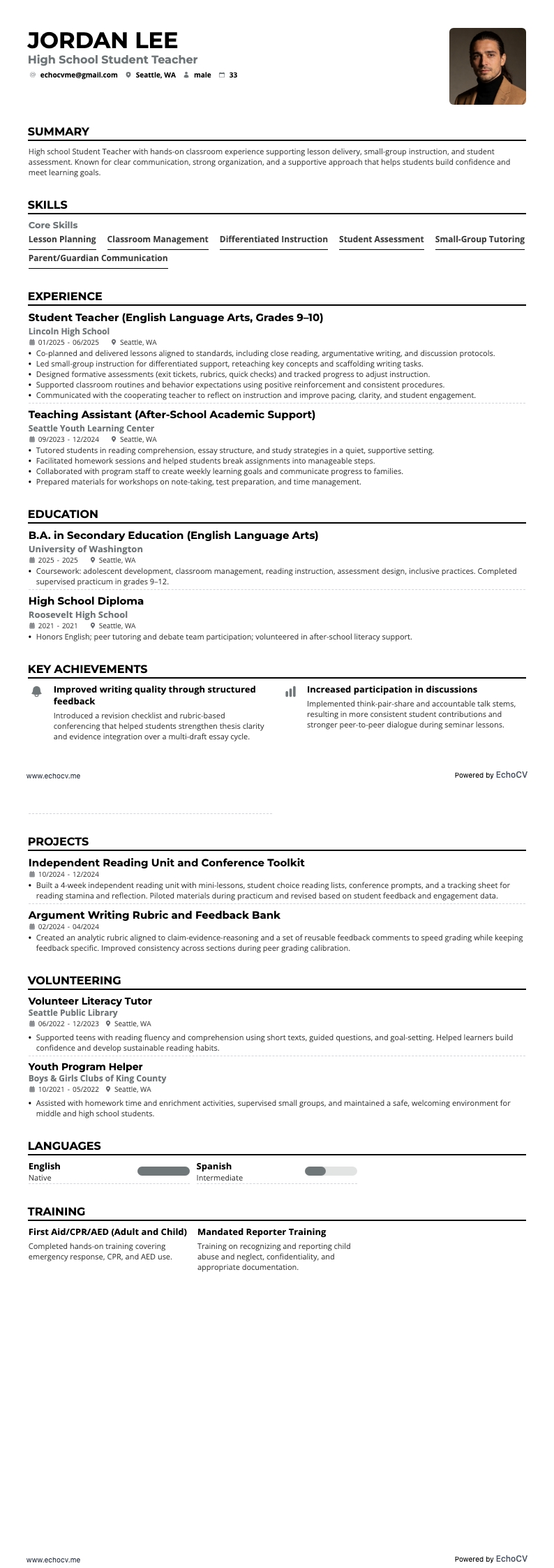 High School Student Teacher example resume