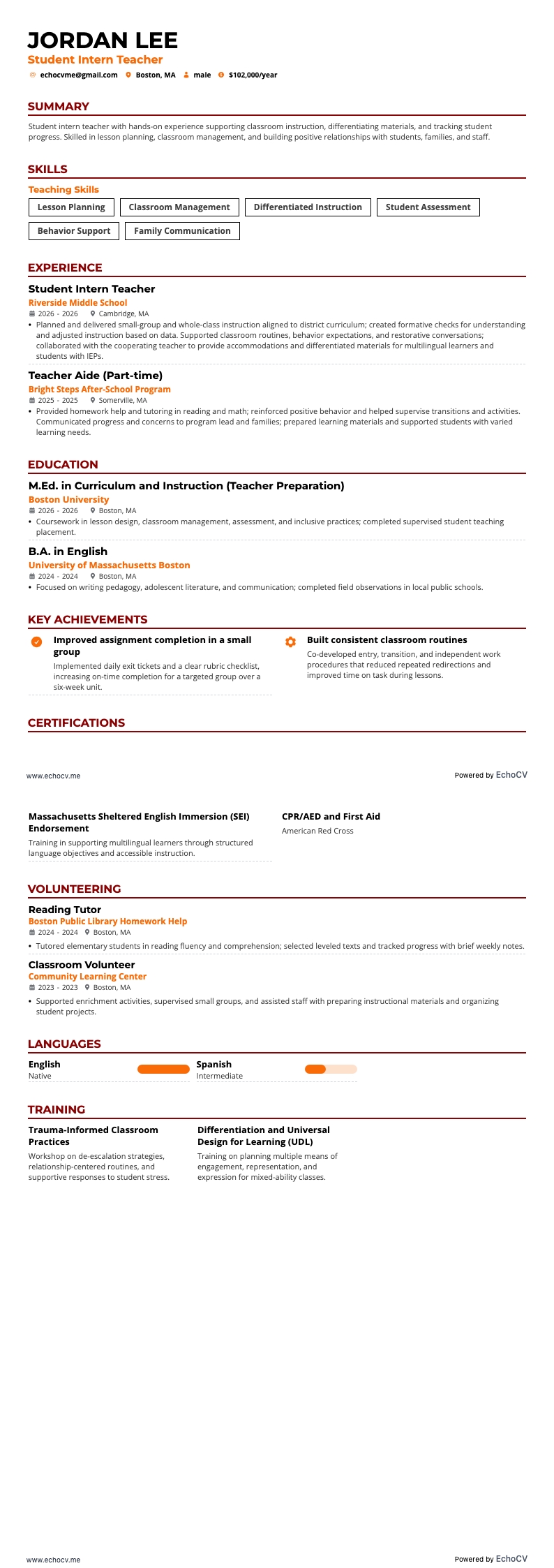 Student Intern Teacher example resume