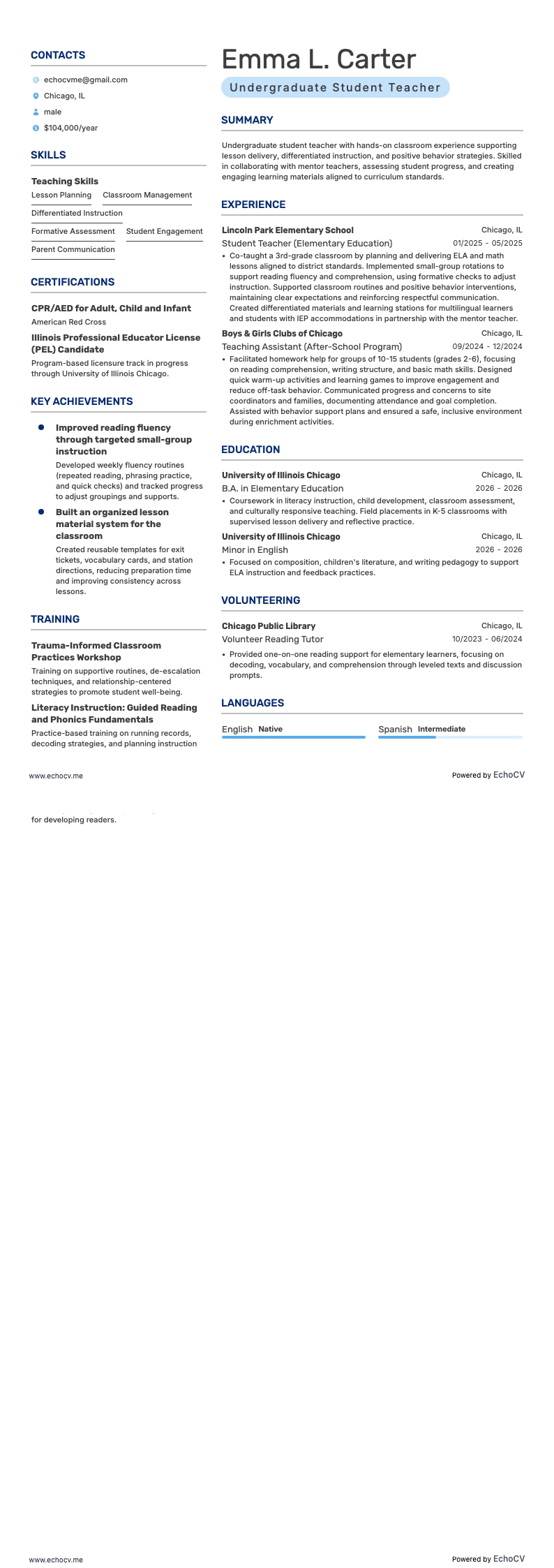 Undergraduate Student Teacher example resume