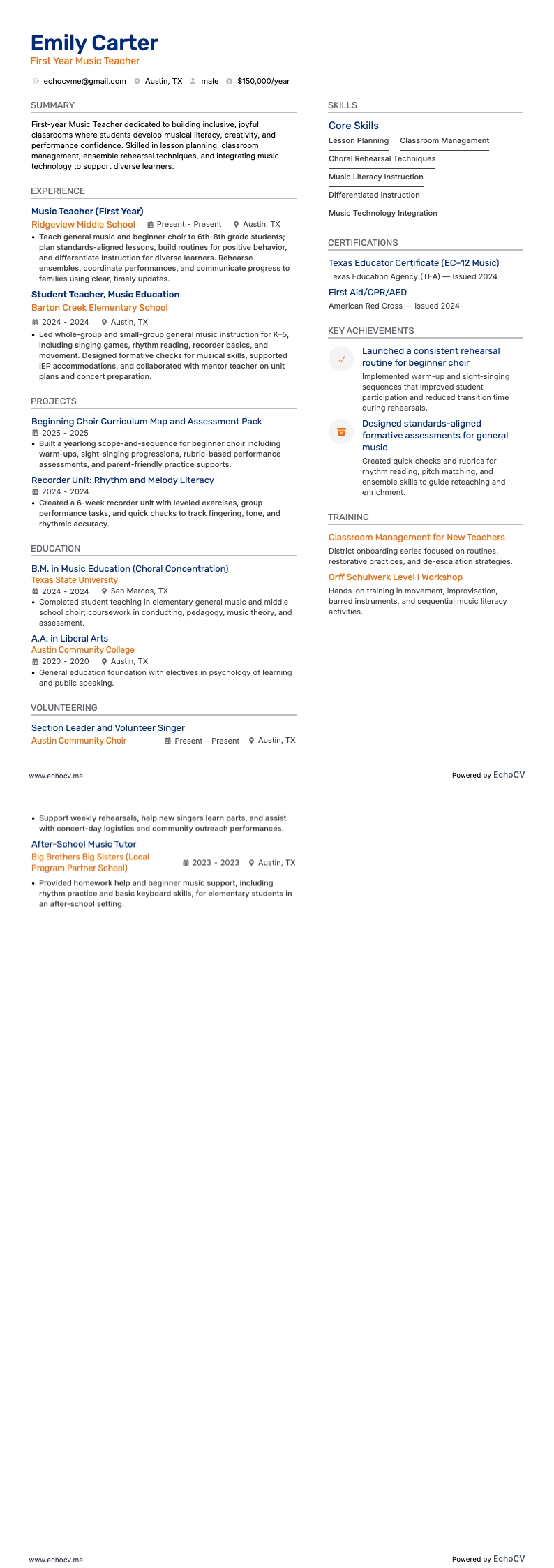 First Year Music Teacher example resume