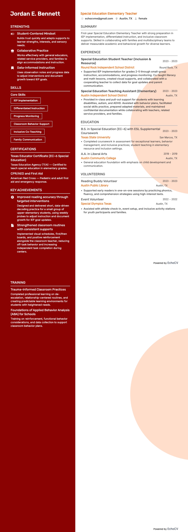 Special Education Elementary Teacher example resume