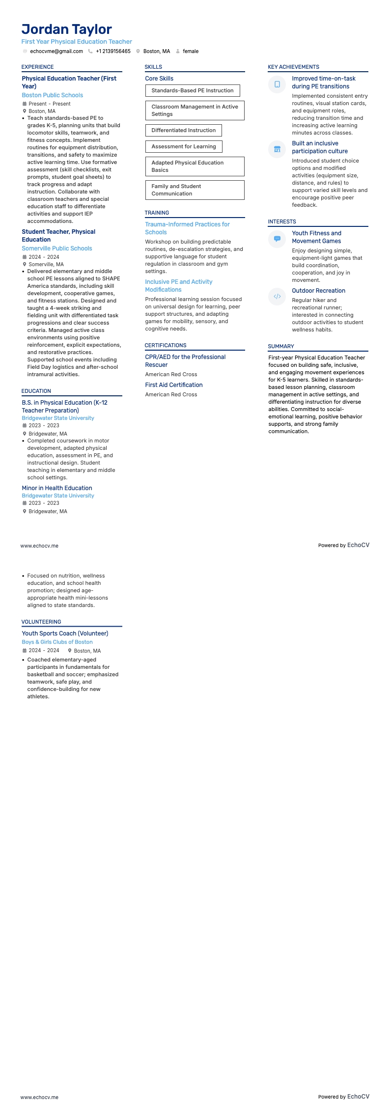 First Year Physical Education Teacher example resume