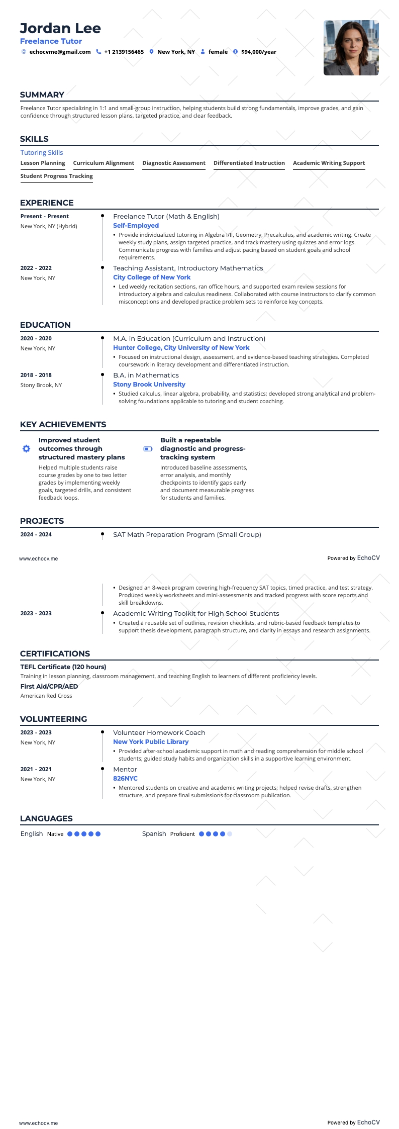 Tutor freelance example resume
