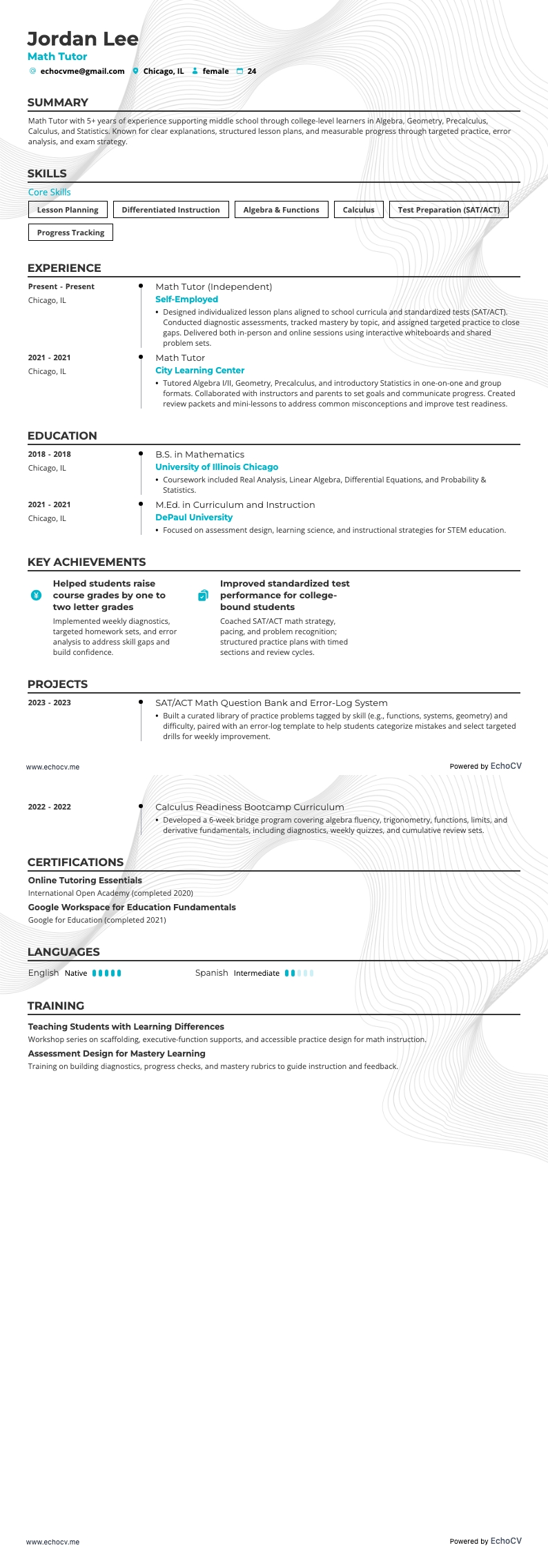 Tutor di matematica resume example