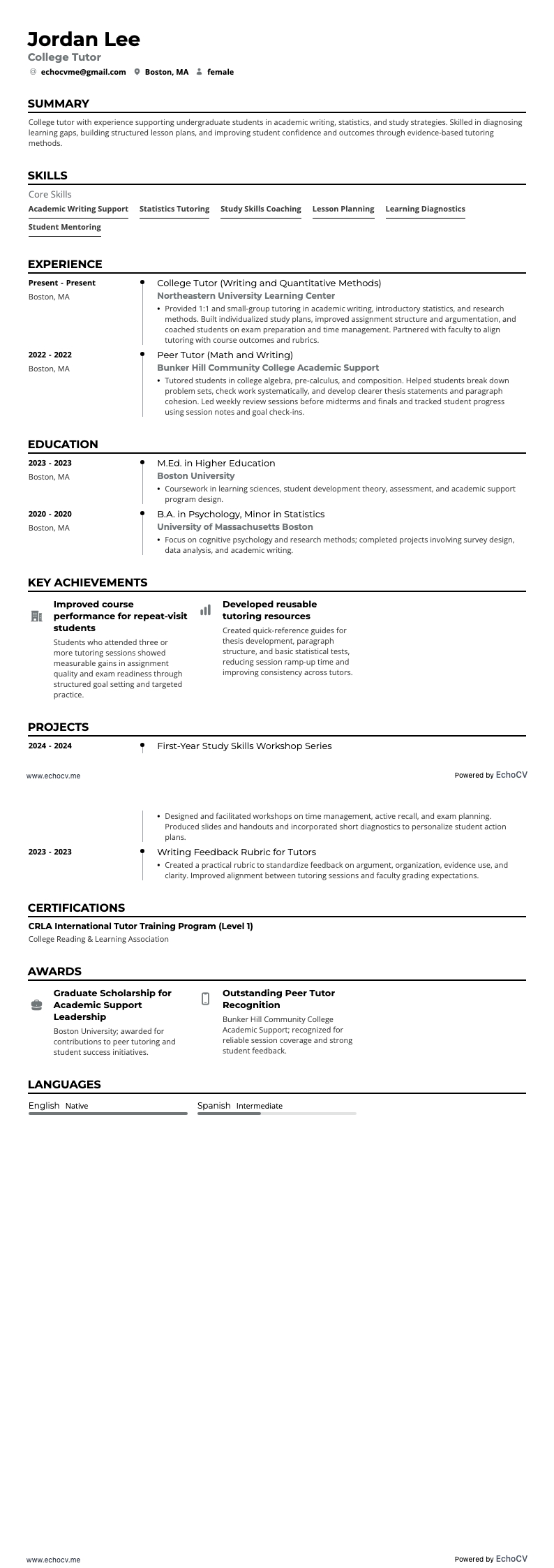 Tutor universitario example resume