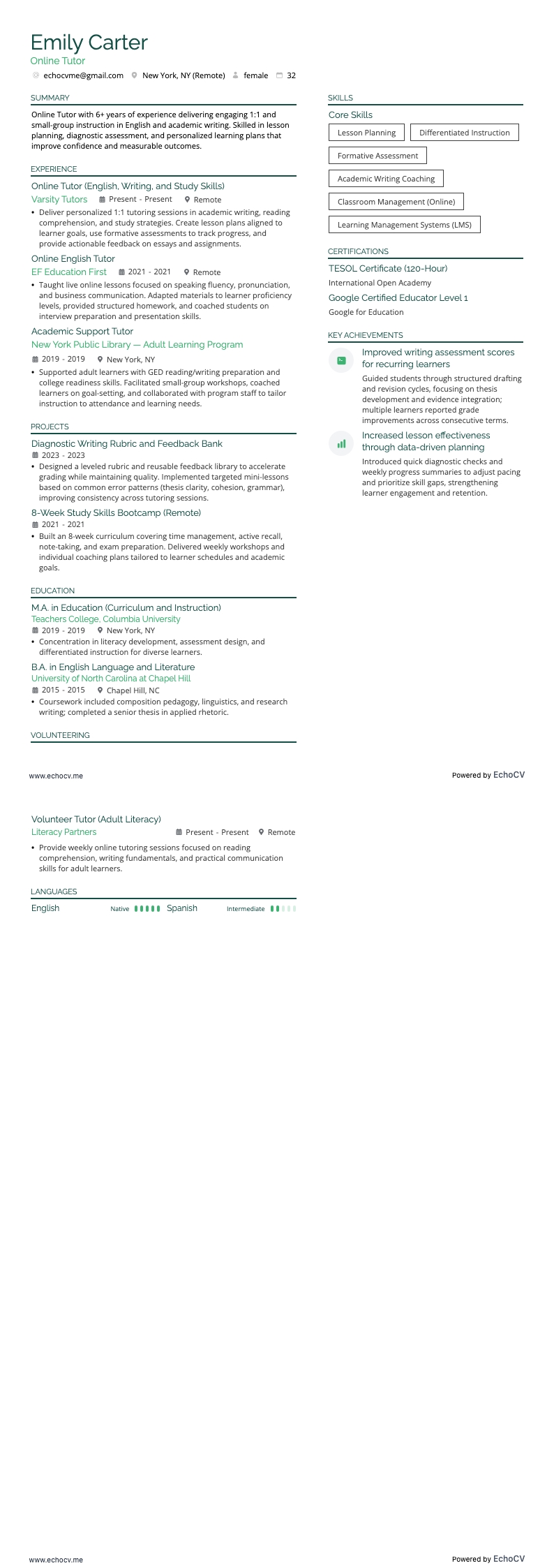 Tutor online example resume