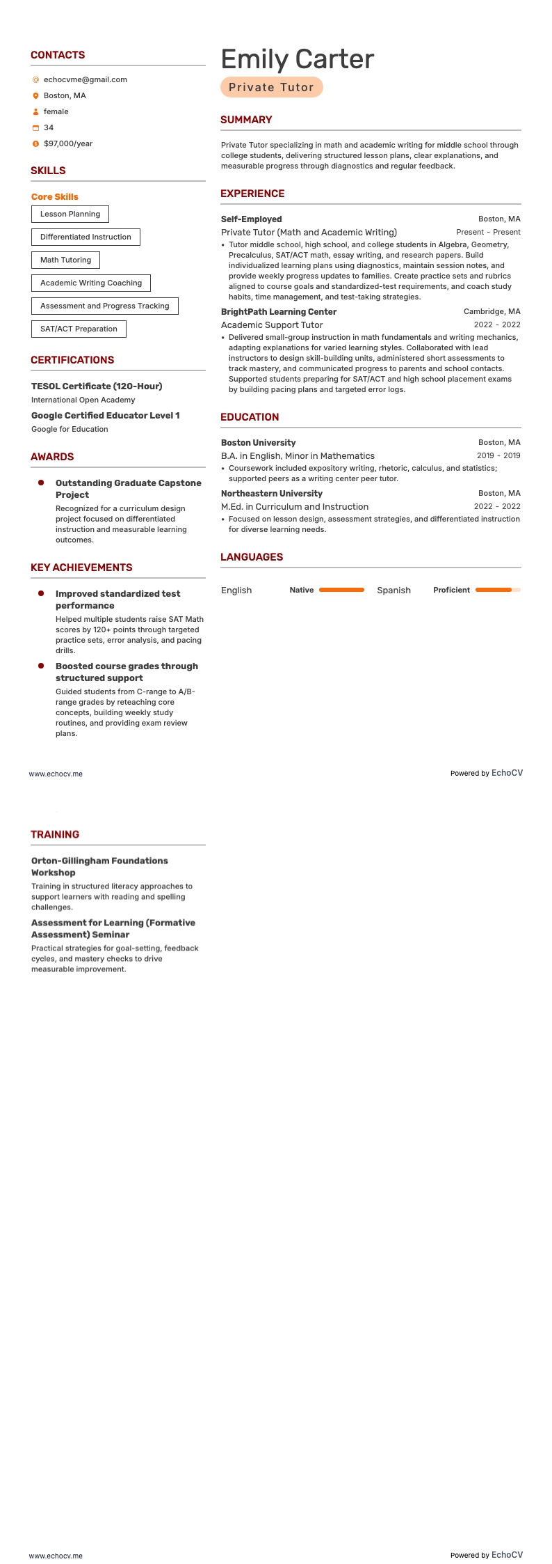 Tutor privato example resume