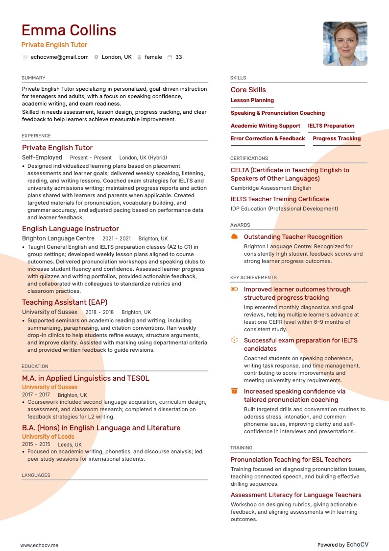 Tutor privato di inglese example resume