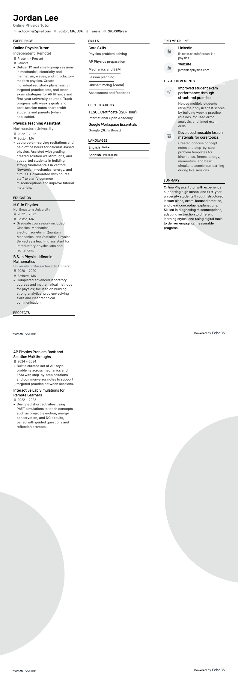 Tutor di Fisica Online example resume