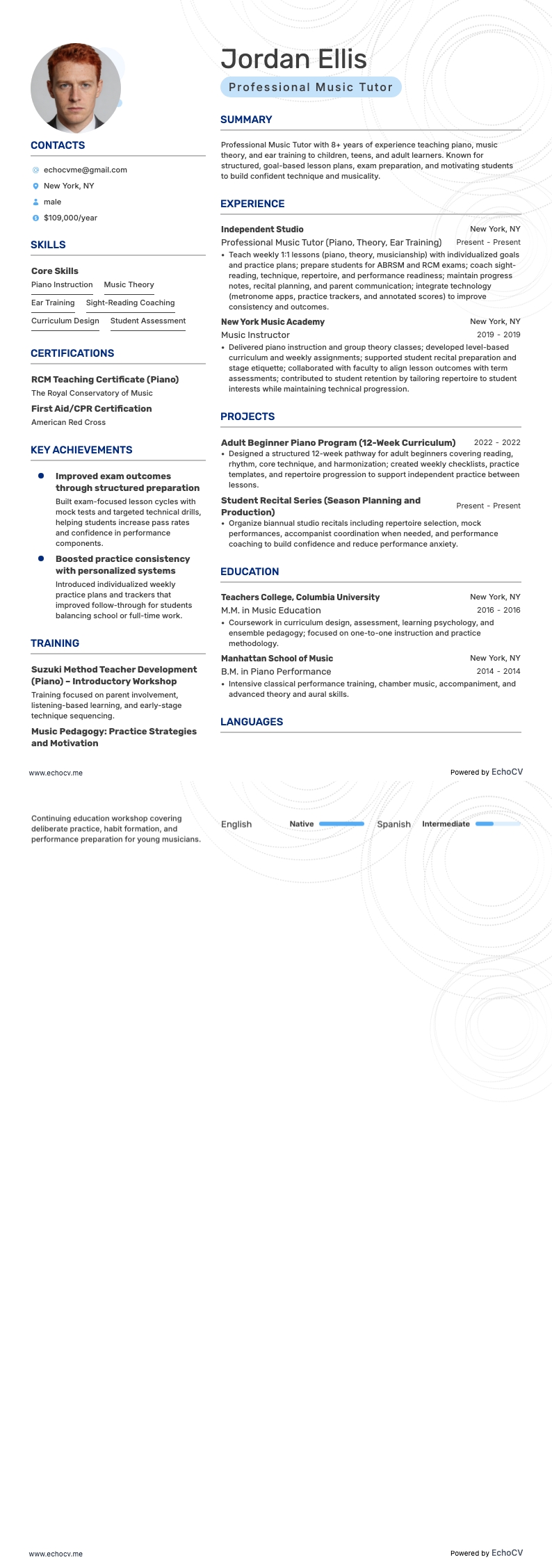 Insegnante di musica professionista example resume