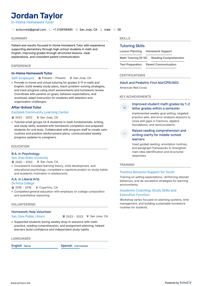 Tutor per compiti a domicilio example resume