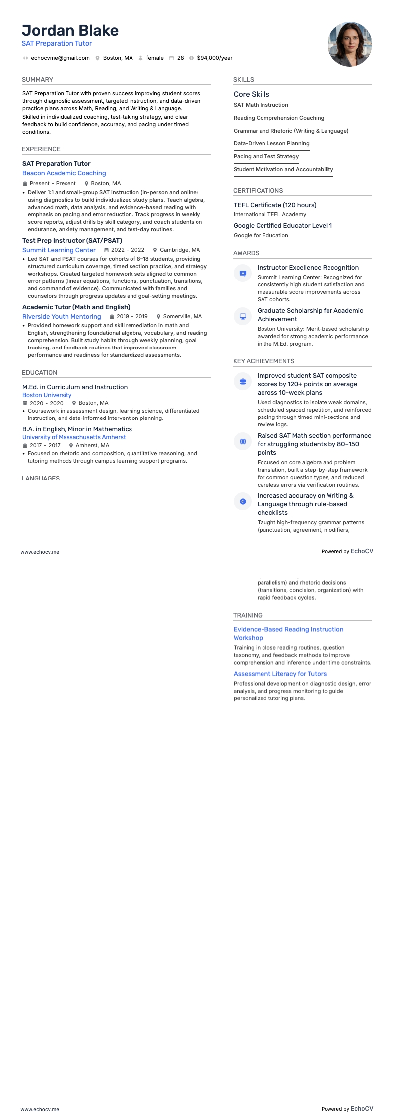 Tutor per la preparazione al SAT example resume