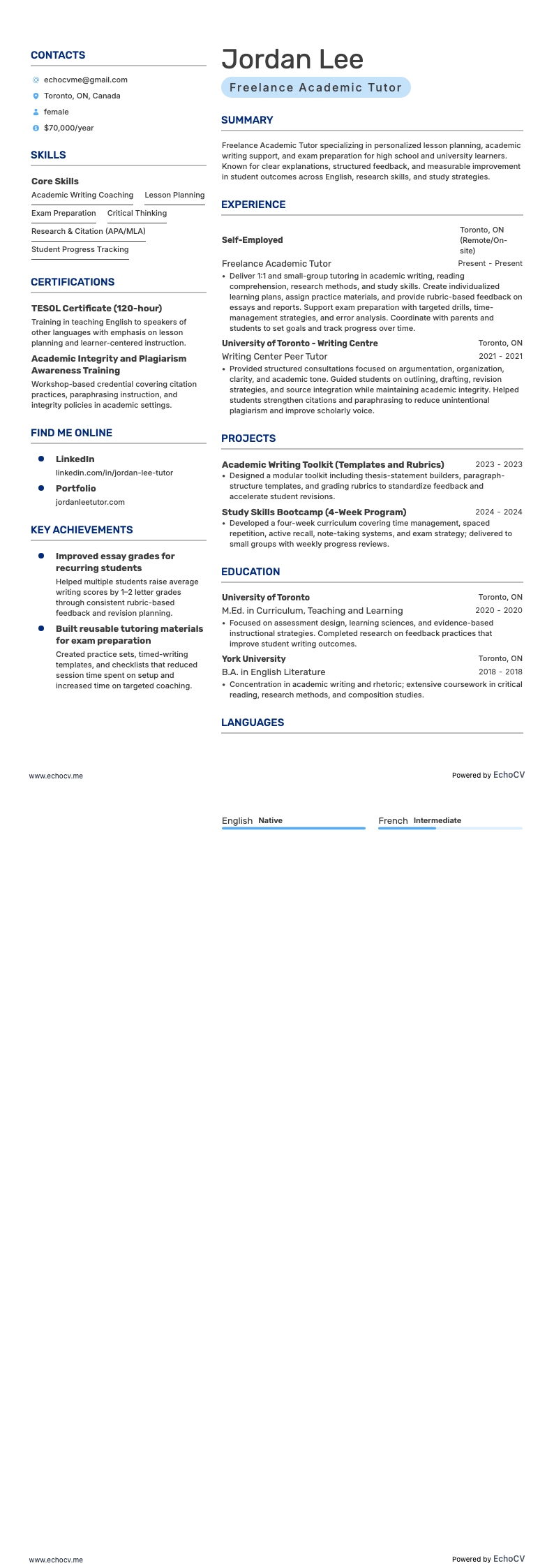 Tutor accademico freelance example resume