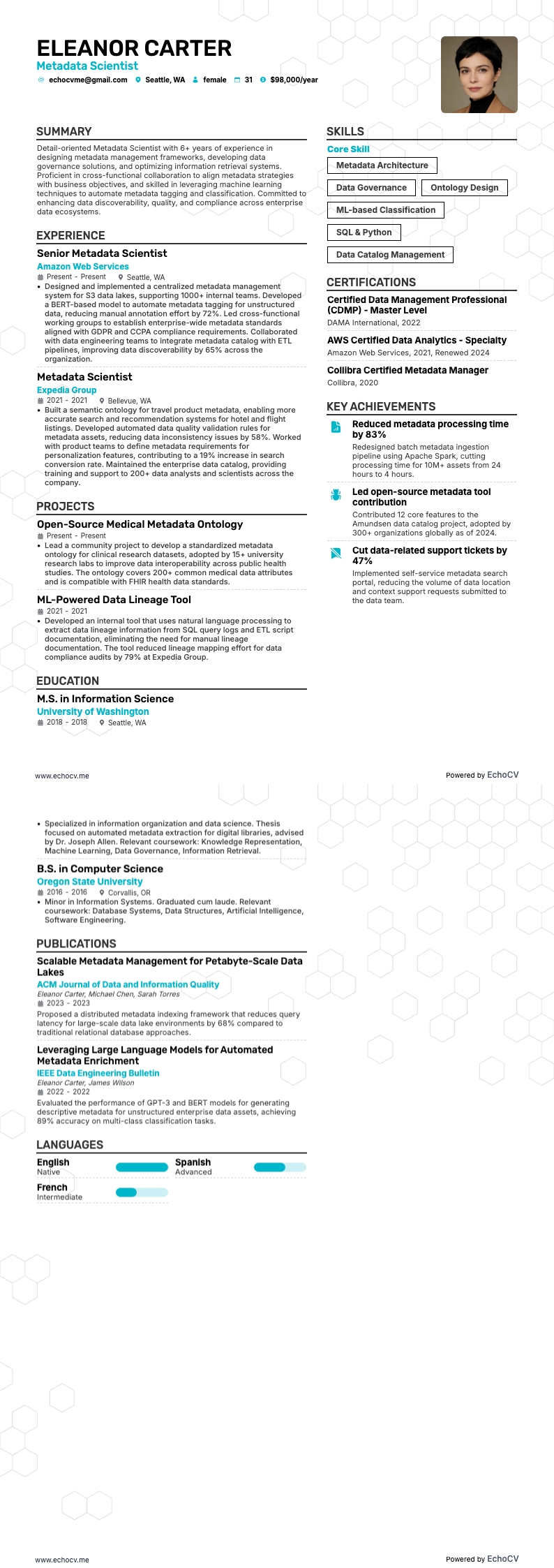 Metadata Scientist example resume
