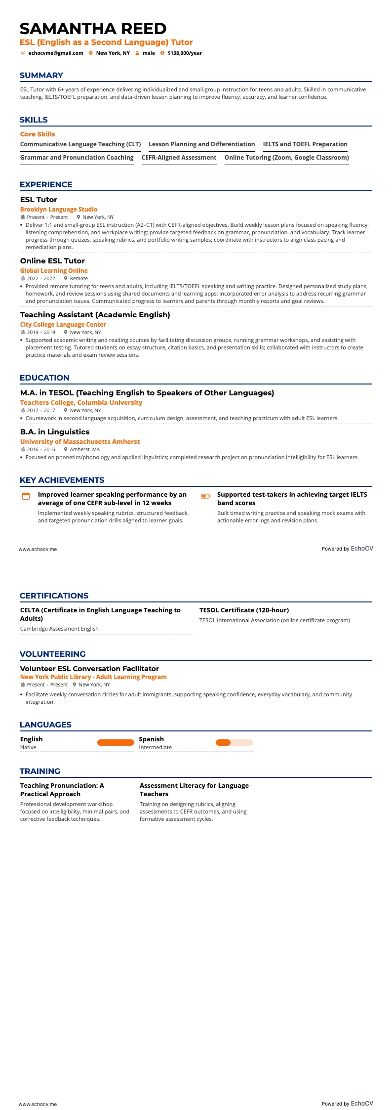 Tutor ESL (inglese come seconda lingua) example resume