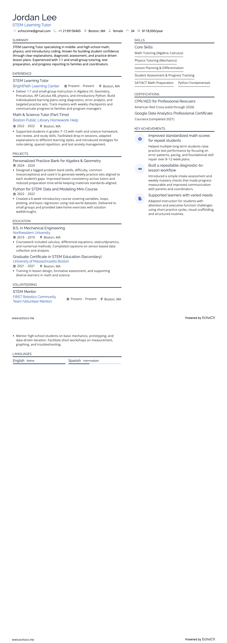 Tutor per l'apprendimento STEM example resume