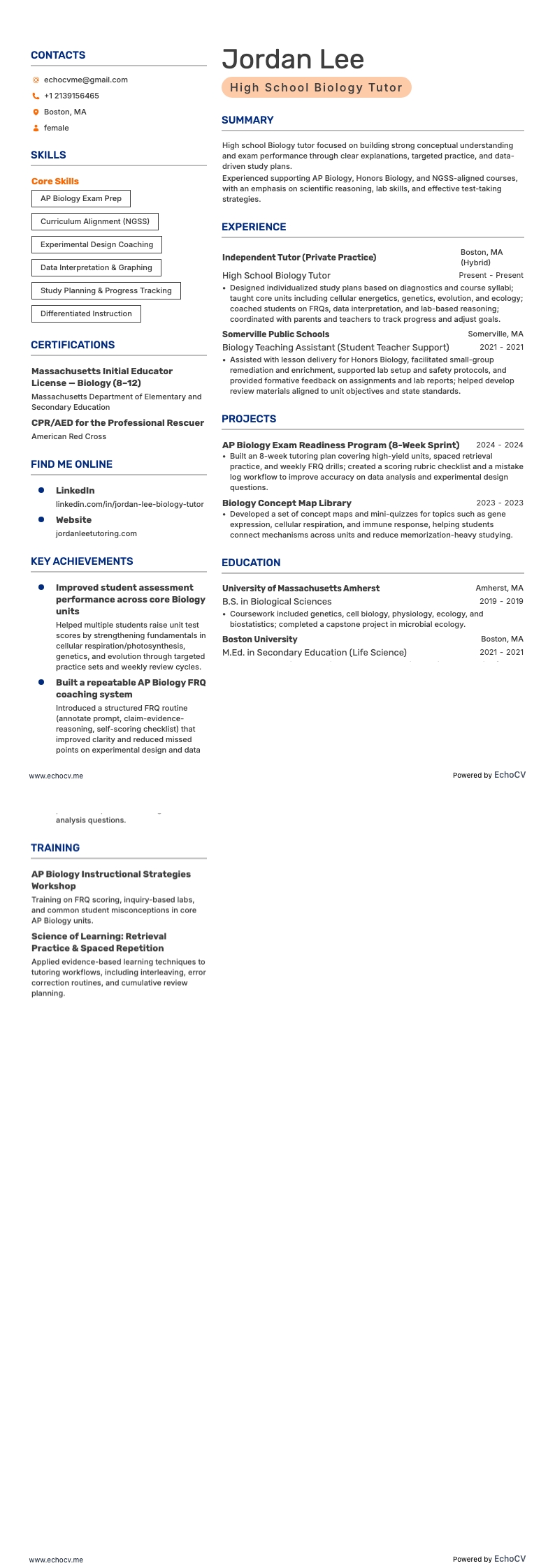 Tutor di biologia per le superiori example resume