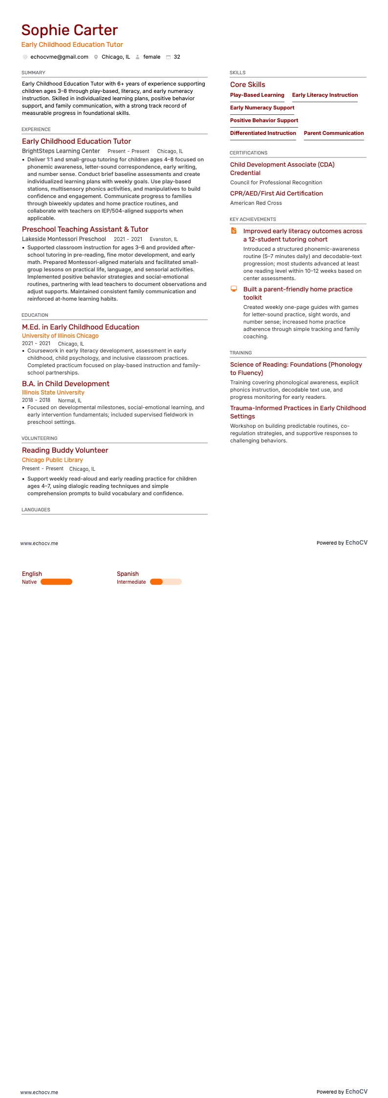 Tutor di educazione della prima infanzia example resume