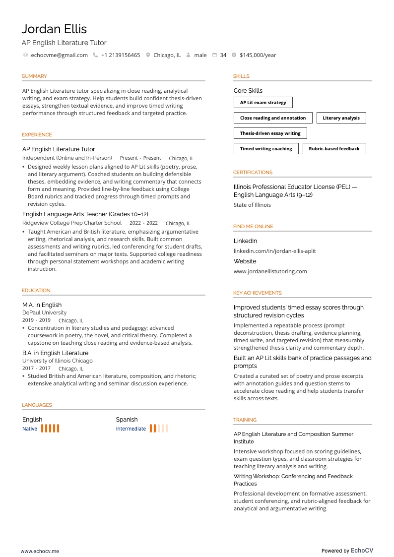 Tutor di letteratura inglese AP example resume