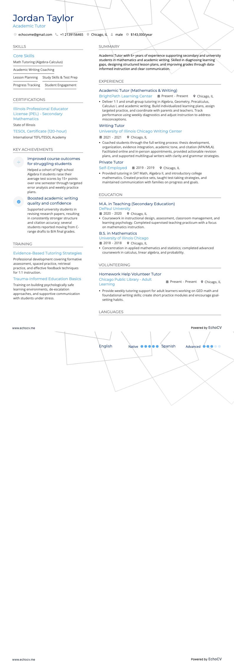 Tutor accademico example resume