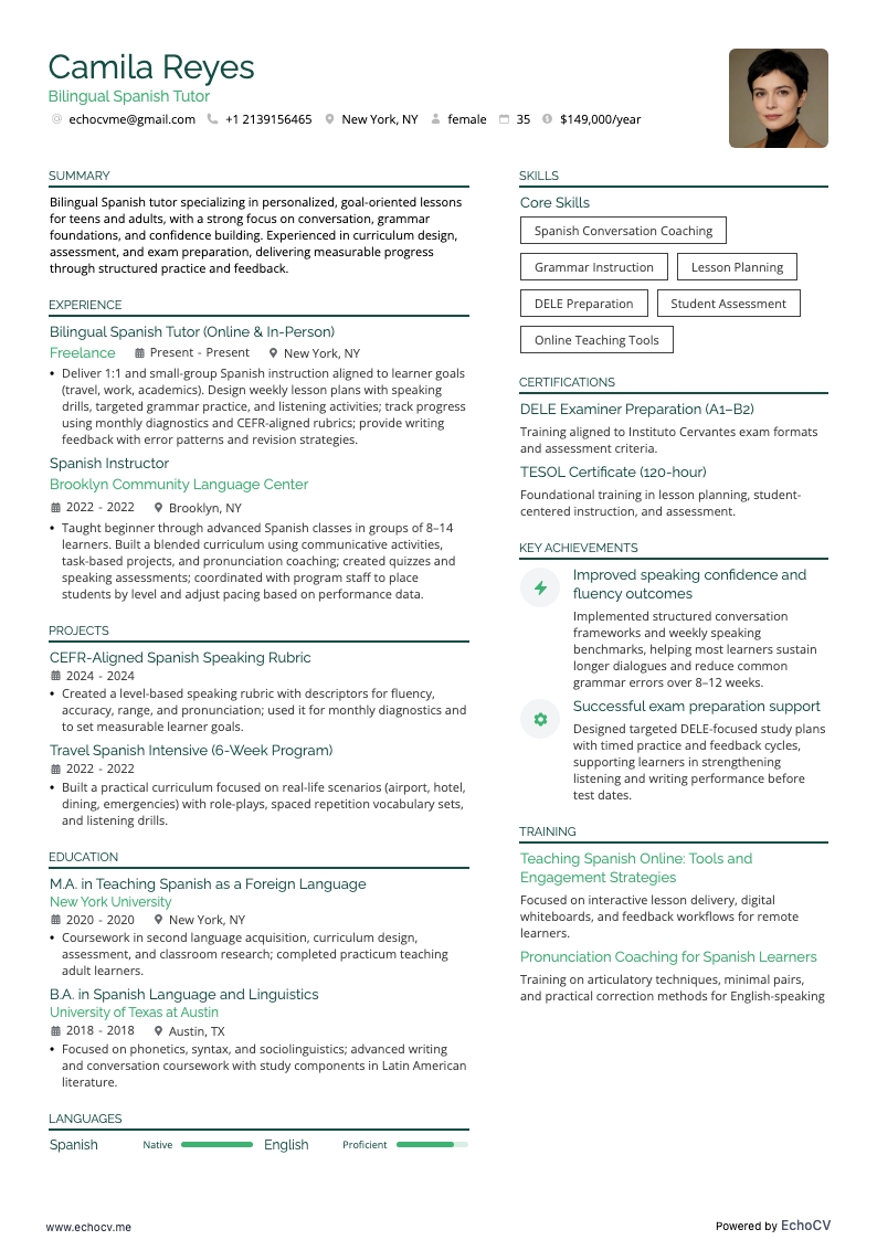 Tutor bilingue di spagnolo example resume