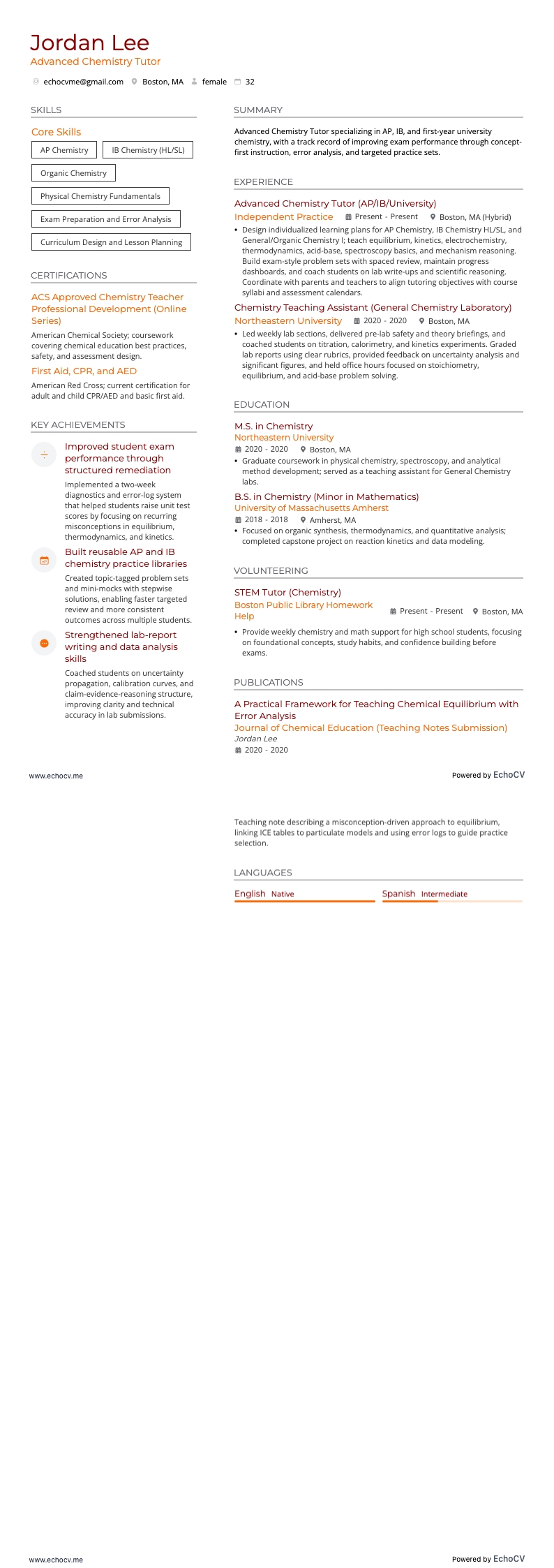 Tutor avanzato di chimica example resume