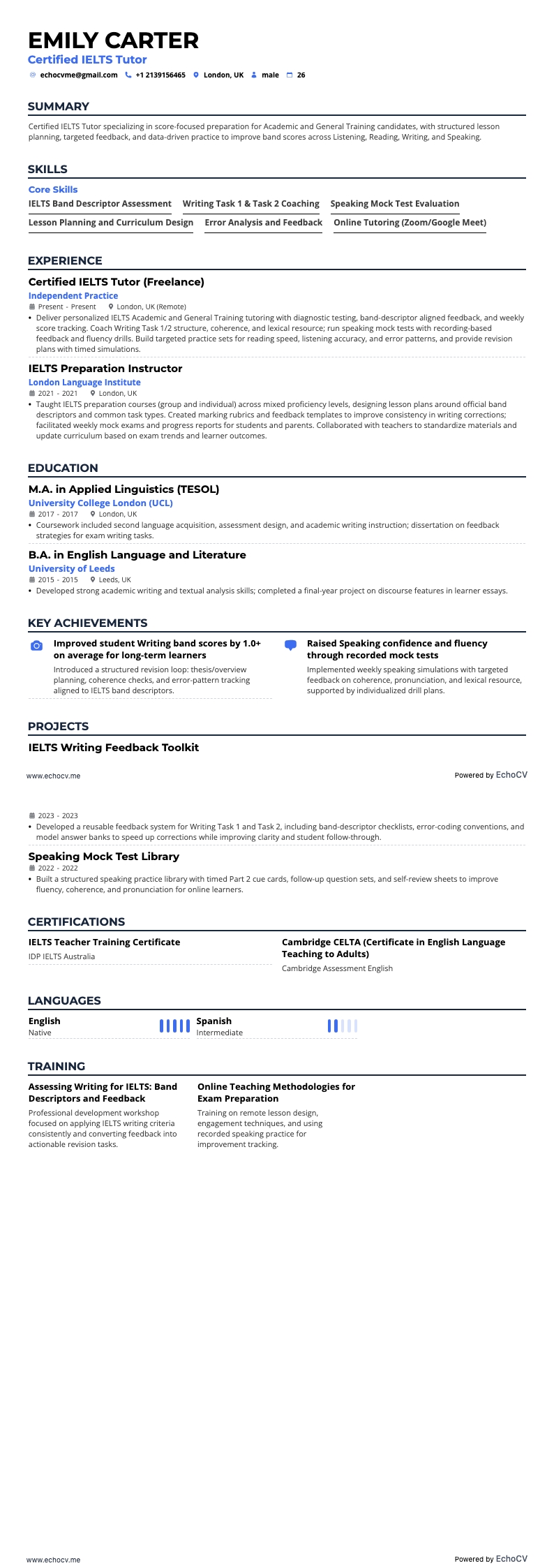 Tutor IELTS certificato example resume