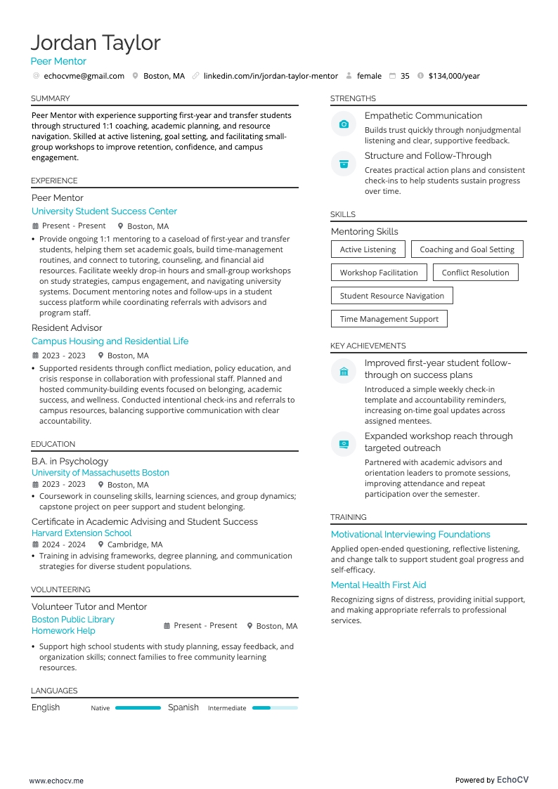 Peermentor example resume