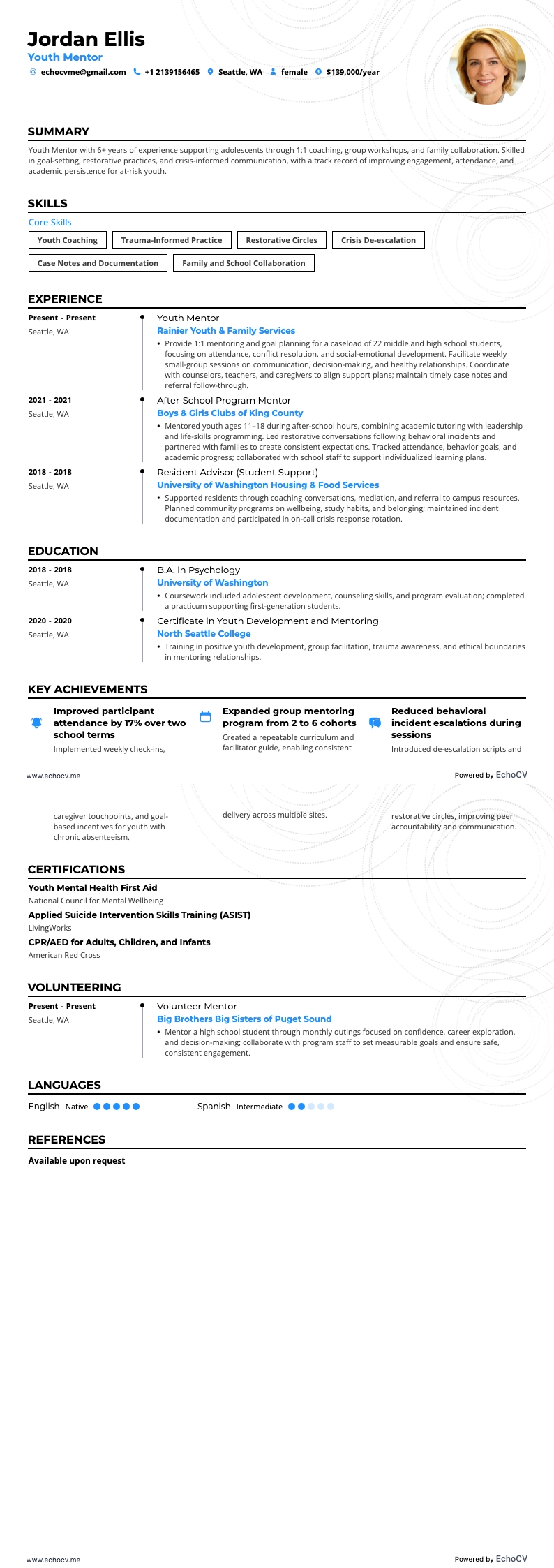 Jongerenmentor example resume