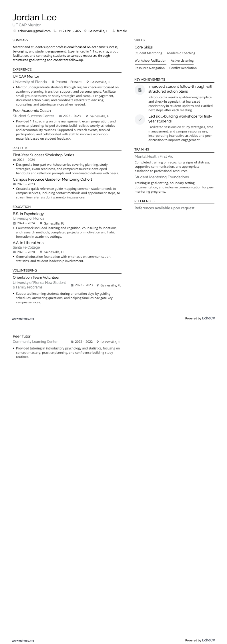 UF Cap-mentor example resume