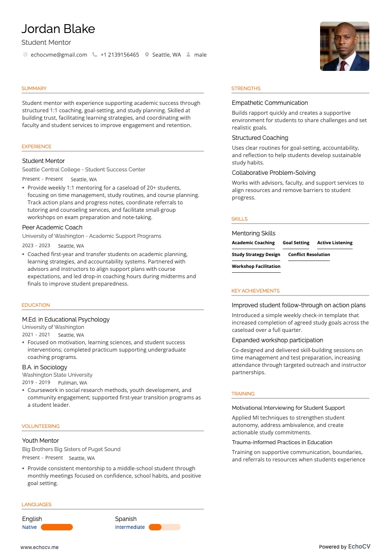 Studentenmentor resume example