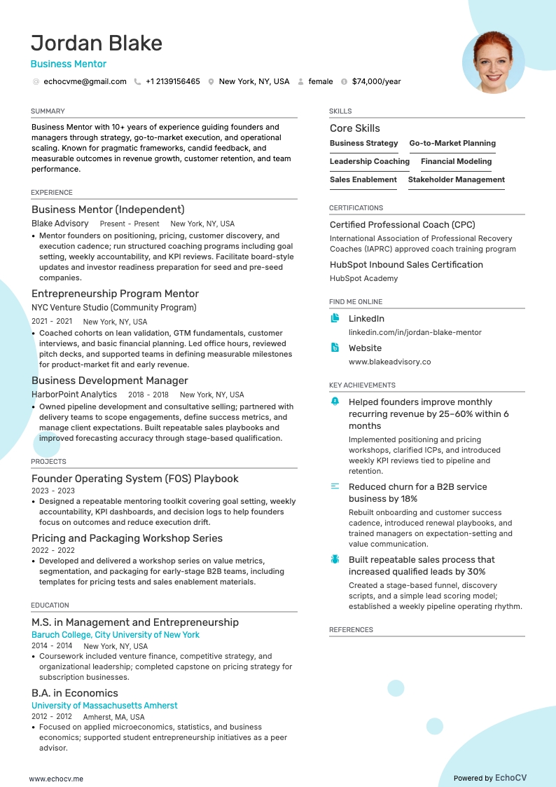 Businessmentor example resume