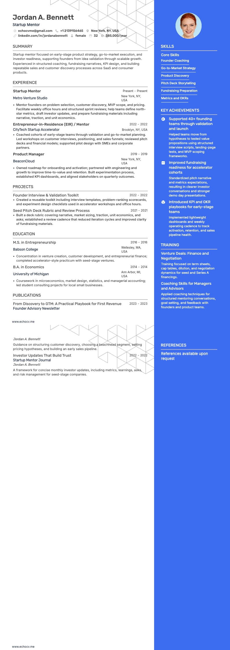 Startupmentor example resume