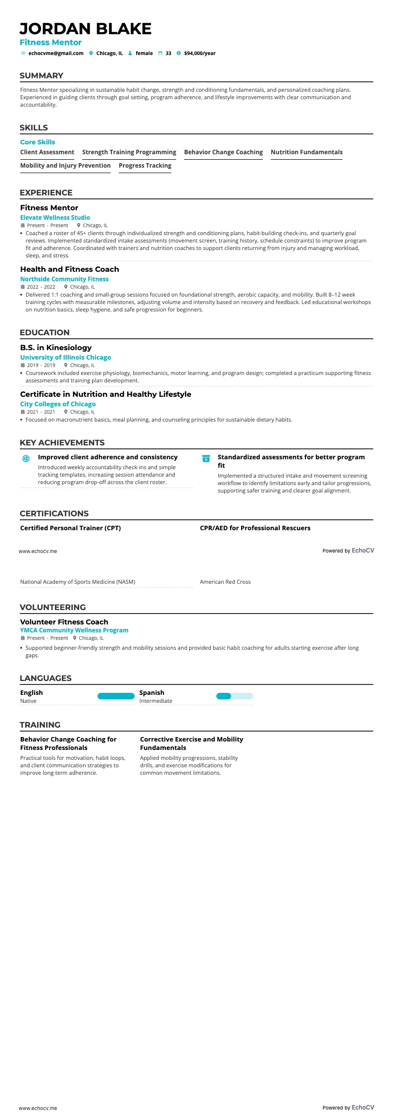 Fitnessmentor example resume