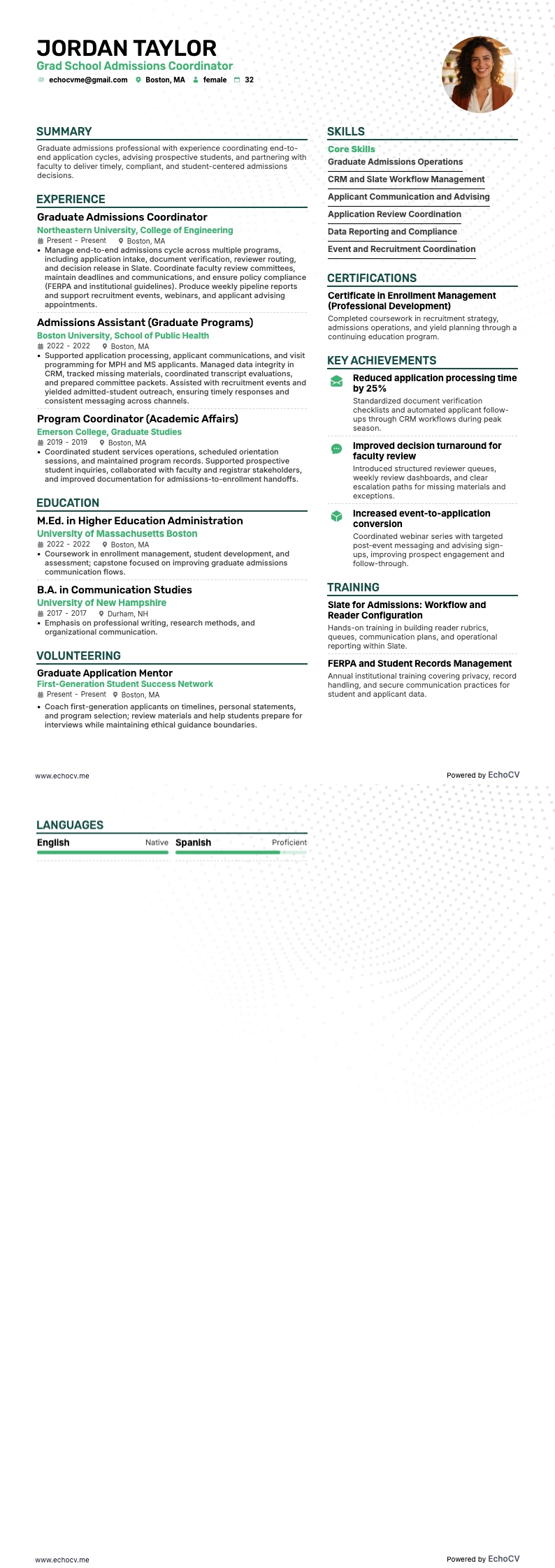 Grad School Admissions Coordinator example resume