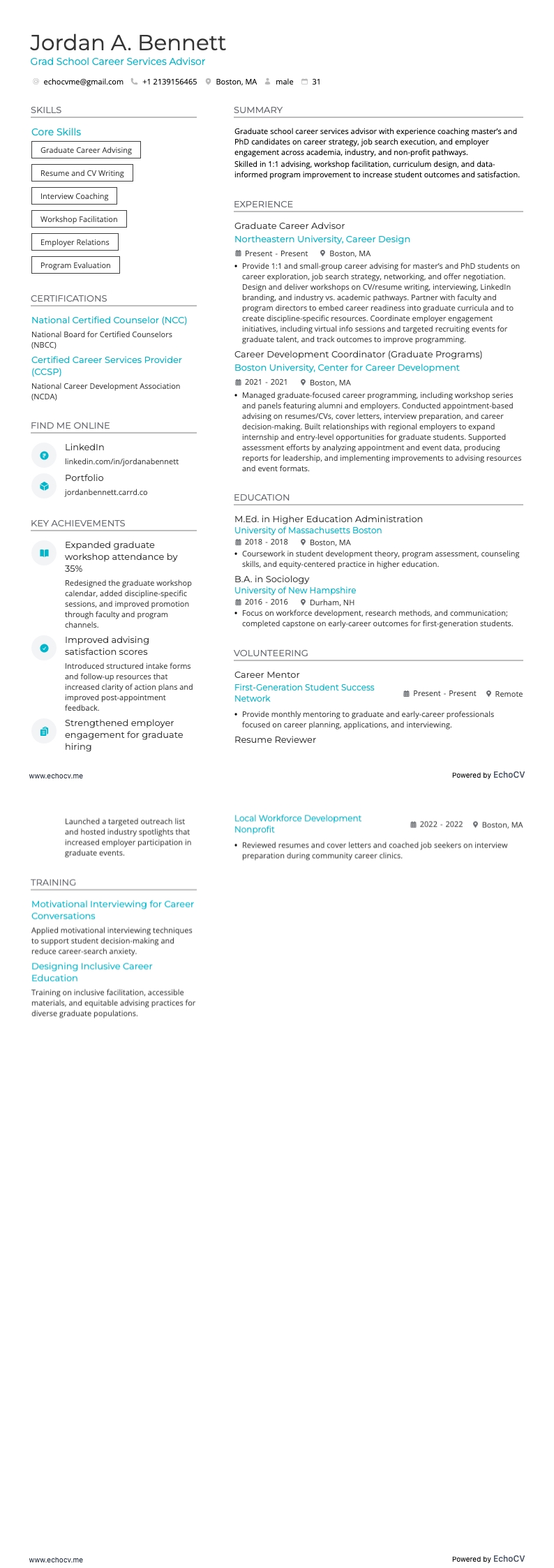 Grad School Career Services Advisor example resume