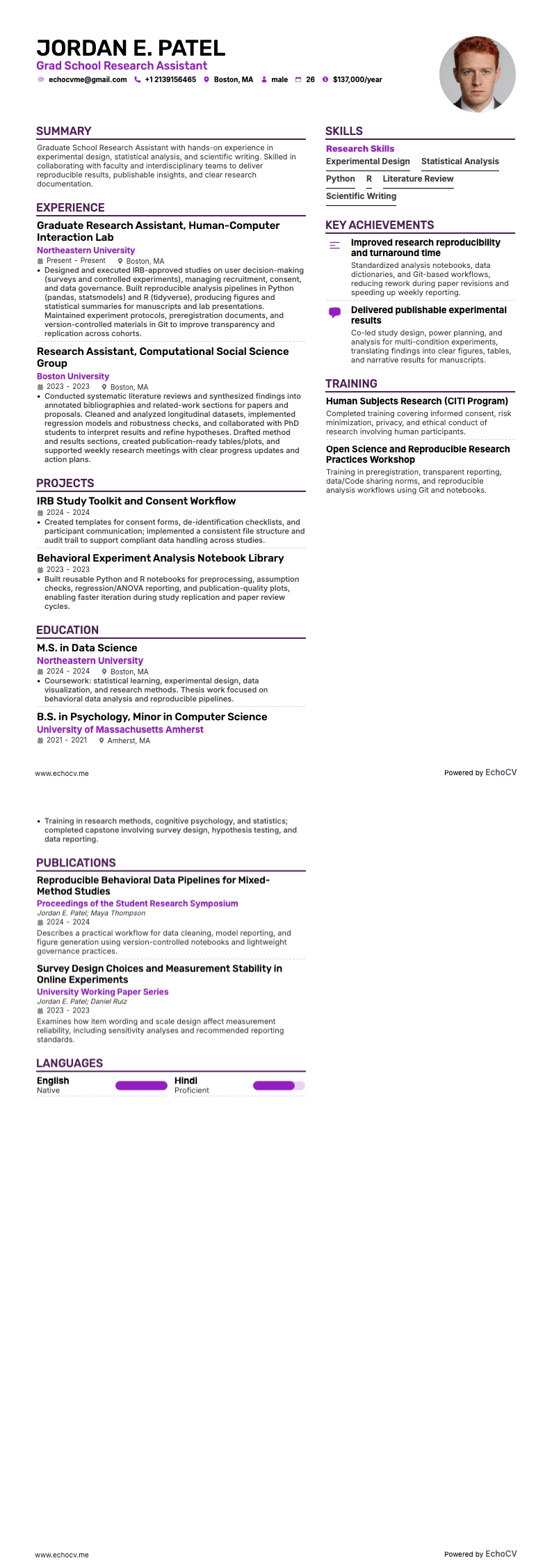 Grad School Research Assistant example resume