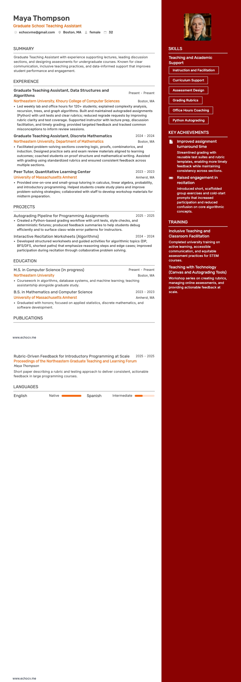 Grad School Teaching Assistant example resume