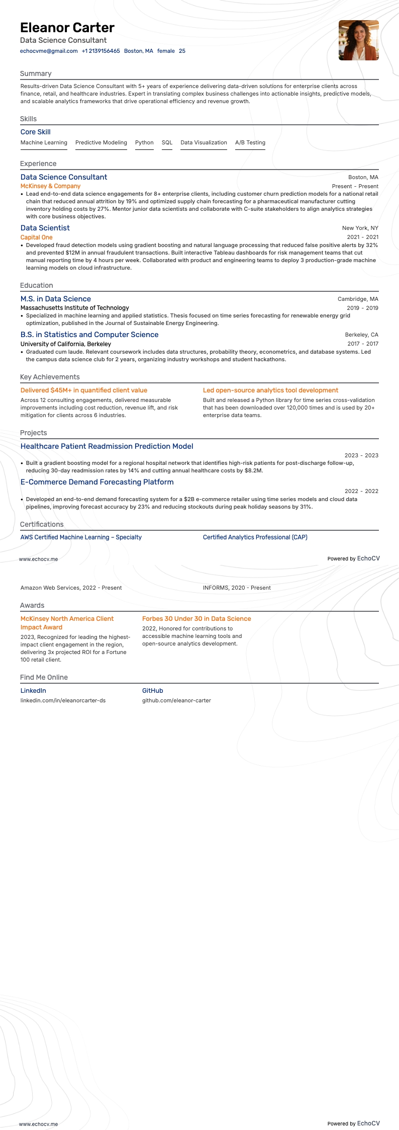 Data Science Consultant example resume