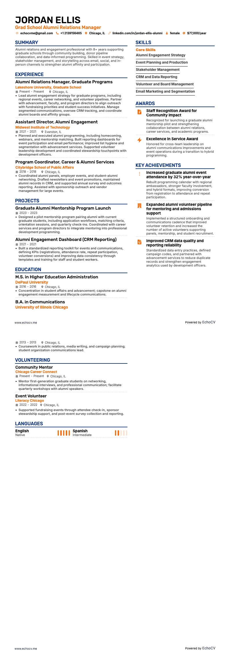 Grad School Alumni Relations Manager example resume