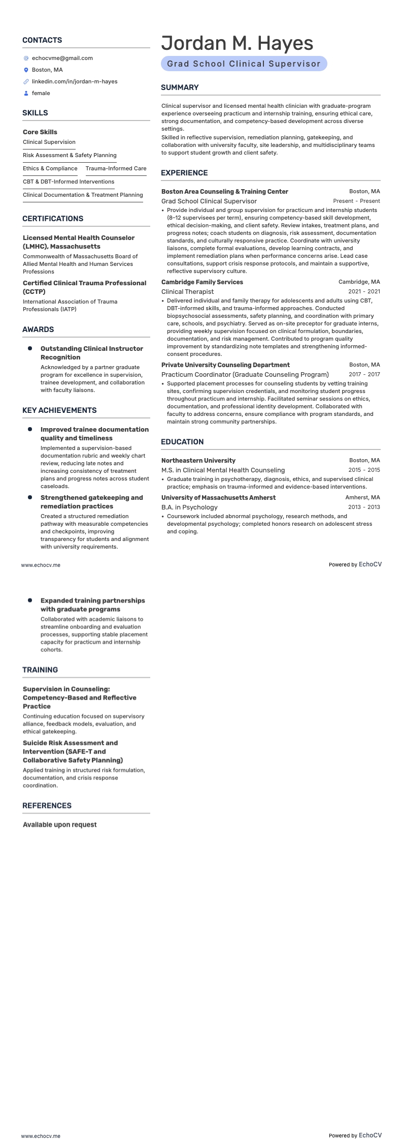Grad School Clinical Supervisor example resume