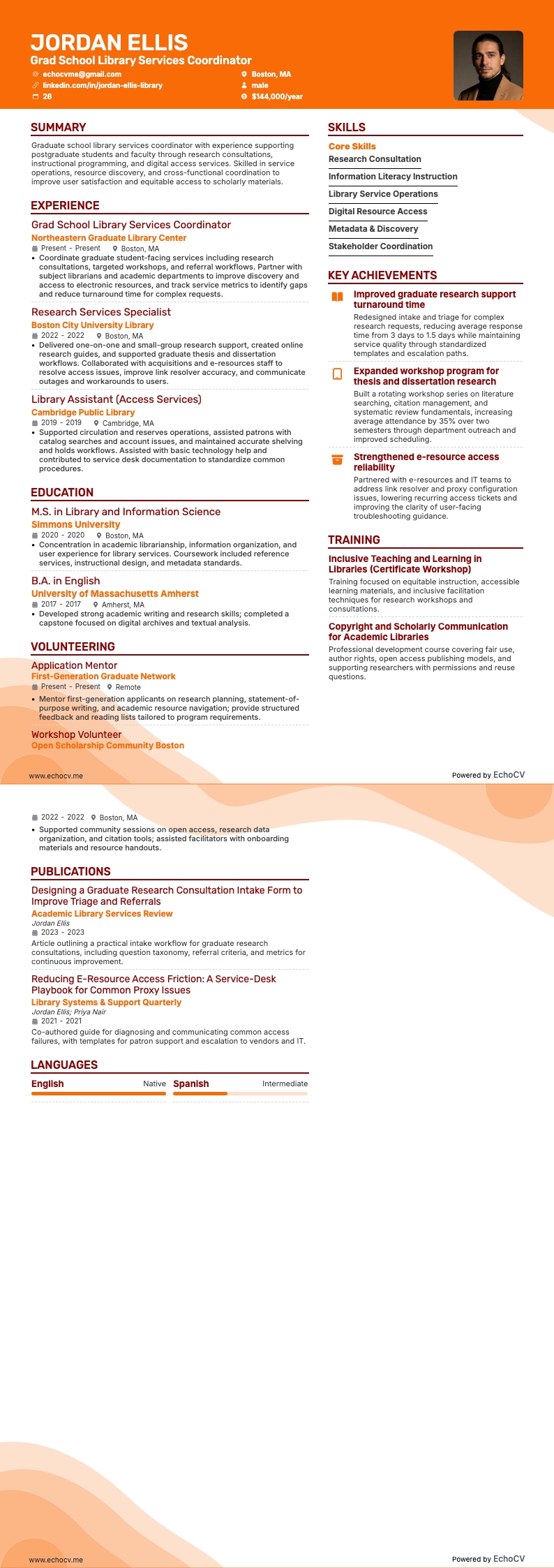 Grad School Library Services Coordinator example resume