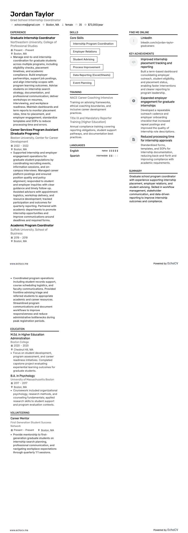 Grad School Internship Coordinator example resume