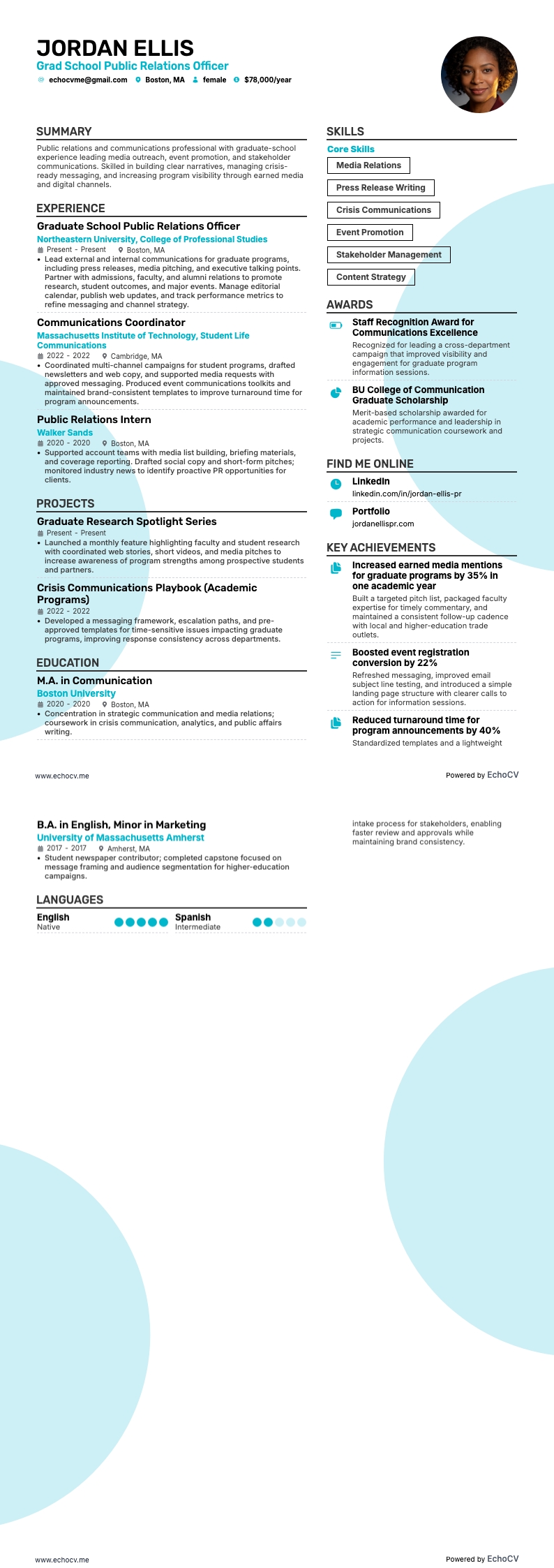 Grad School Public Relations Officer example resume