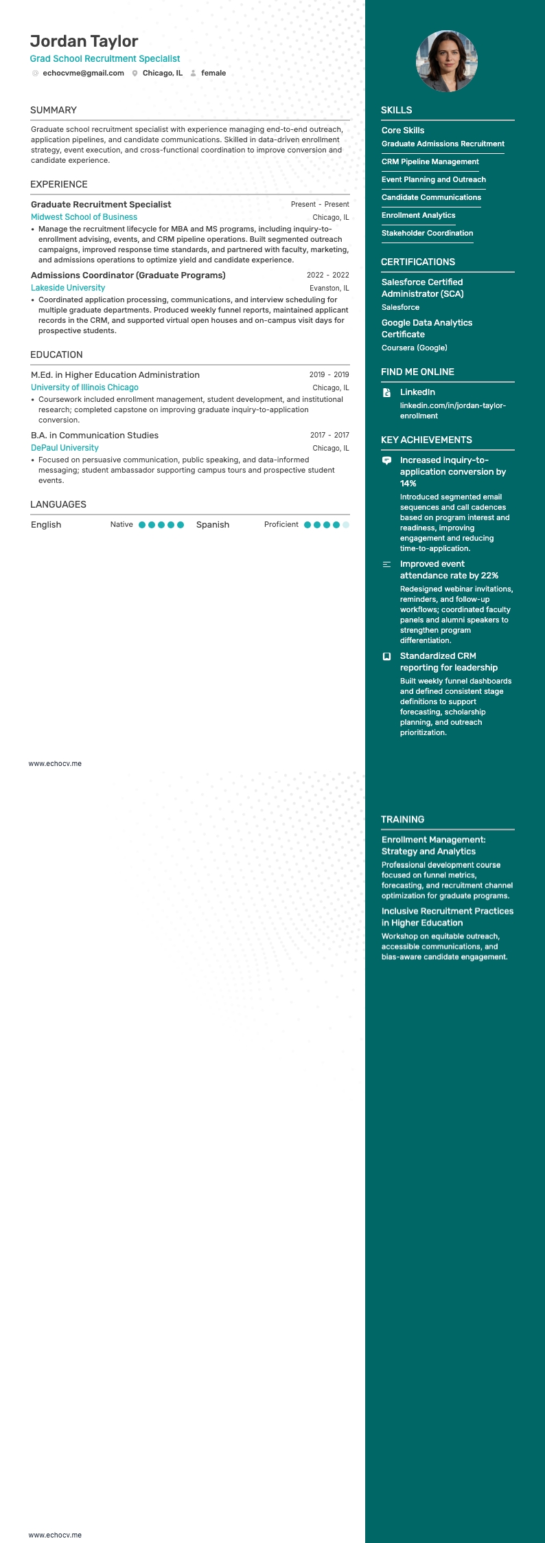 Grad School Recruitment Specialist example resume