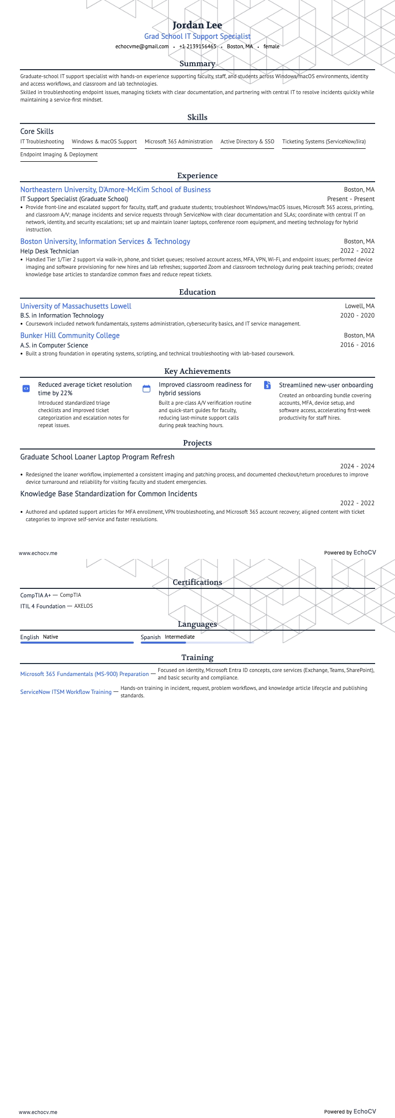 Grad School IT Support Specialist example resume