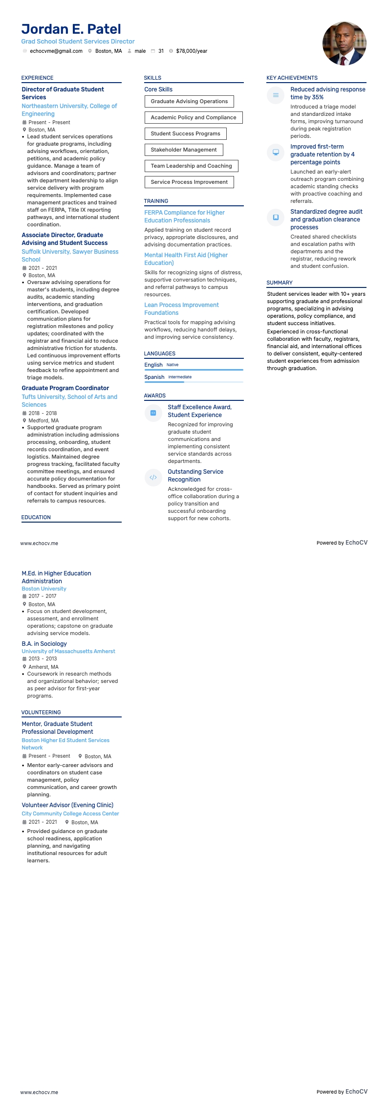 Grad School Student Services Director example resume